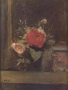 Jean Baptiste Camille  Corot Bouquet de fleurs dans un verre a cote d'un pot a tabac (mk11) oil on canvas